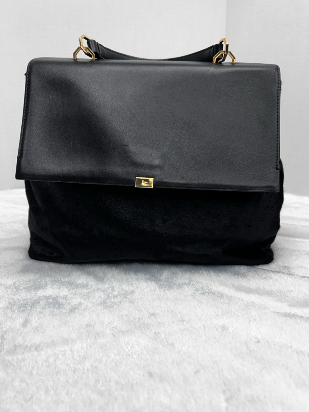 Louise et Cie Black Leather Satchel Suede Trim Top Handle Gold Hardware